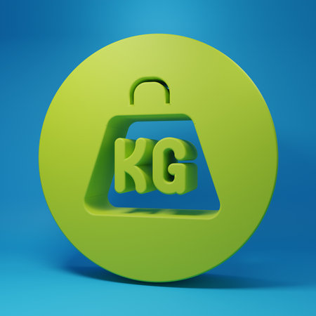 Green Weight icon isolated on blue background. Kilogram weight block for weight lifting and scale. Mass symbol. Minimalism concept. 3D render illustration.の写真素材