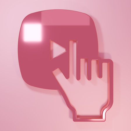 Pink Online play video icon isolated on pink background. Film strip with play sign. Minimalism concept. 3D render illustration.の写真素材