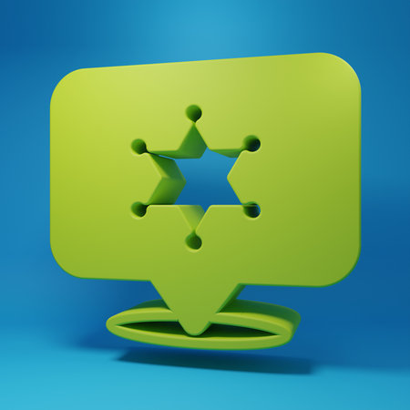 Green Hexagram sheriff icon isolated on blue background. Police badge icon. Minimalism concept. 3D render illustration.の写真素材