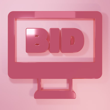 Pink Online auction icon isolated on pink background. Bid sign. Auction bidding. Sale and buyers. Minimalism concept. 3D render illustration.の写真素材