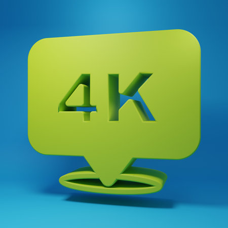 Green 4k Ultra HD icon isolated on blue background. Minimalism concept. 3D render illustration.の写真素材