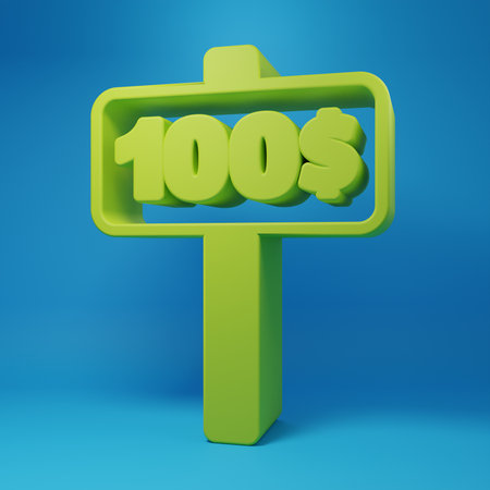 Green Hand holding auction paddle icon isolated on blue background. Bidding concept. Auction competition Hands rising signs with BID descriptions. Minimalism concept. 3D render illustration.の写真素材