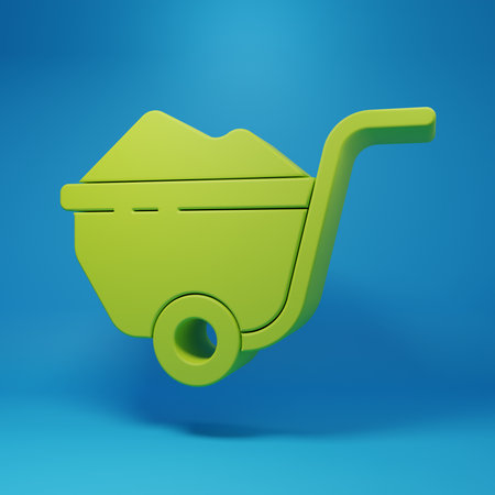 Green Wheelbarrow with dirt icon isolated on blue background. Tool equipment. Agriculture cart wheel farm. Minimalism concept. 3D render illustration.の写真素材