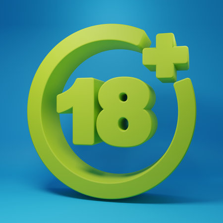 Green Plus 18 movie icon isolated on blue background. Adult content. Under 18 years sign. Minimalism concept. 3D render illustration.の写真素材