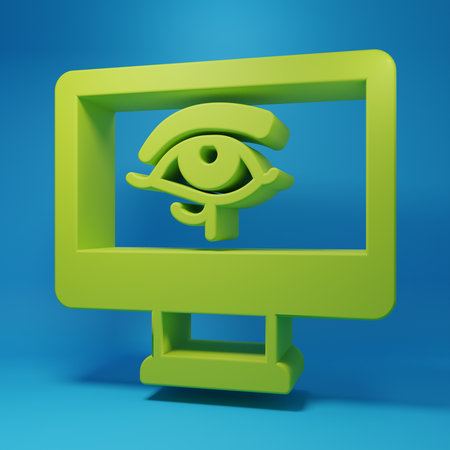 Green Eye of Horus on monitor icon isolated on blue background. Ancient Egyptian goddess Wedjet symbol of protection, royal power and good health. Minimalism concept. 3D render illustration.の写真素材