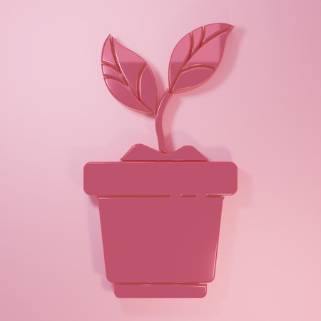 Pink Plant in pot icon isolated on pink background. Plant growing in a pot. Potted plant sign. Minimalism concept. 3D render illustration.の写真素材