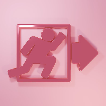 Pink Fire exit icon isolated on pink background. Fire emergency icon. Minimalism concept. 3D render illustration.の写真素材