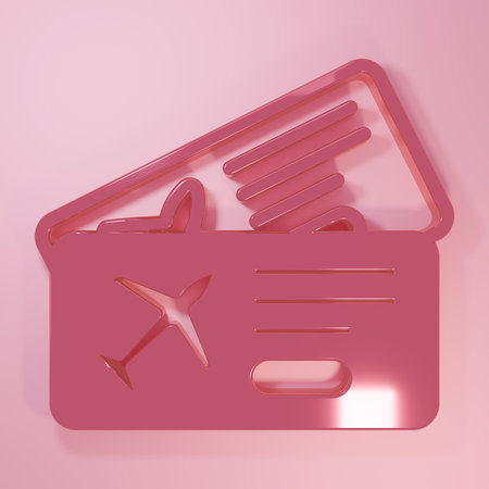 Pink Airline ticket icon isolated on pink background. Plane ticket. Minimalism concept. 3D render illustration.の写真素材