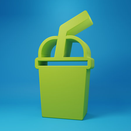 Green Paper glass with drinking straw and water icon isolated on blue background. Soda drink glass. Fresh cold beverage symbol. Minimalism concept. 3D render illustration.の写真素材