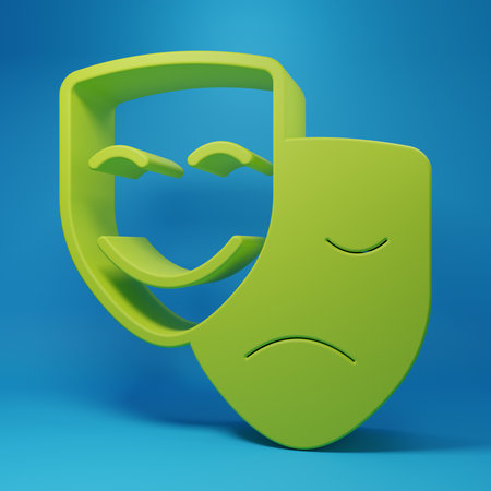 Green Comedy and tragic theatrical masks icon isolated on blue background. Minimalism concept. 3D render illustration.の写真素材