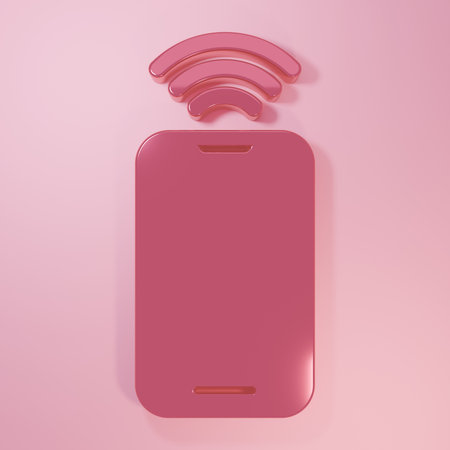 Pink Smartphone with free wi-fi wireless connection icon isolated on pink background. Wireless technology, wi-fi connection, wireless network. Minimalism concept. 3D render illustration.の写真素材