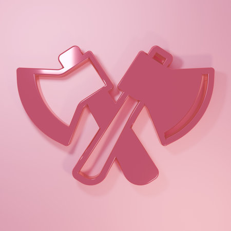 Pink Wooden ax icon isolated on pink background. Lumberjack axe. Minimalism concept. 3D render illustration.の写真素材