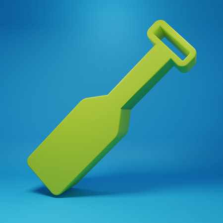 Green Paddle icon isolated on blue background. Paddle boat oars. Minimalism concept. 3D render illustration.の写真素材