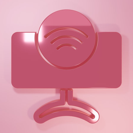 Pink Smart Tv system icon isolated on pink background. Television sign. Internet of things concept with wireless connection. Minimalism concept. 3D render illustration.の写真素材