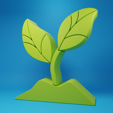 Green Plant icon isolated on blue background. Seed and seedling. Leaves sign. Leaf nature. Minimalism concept. 3D render illustration.の写真素材