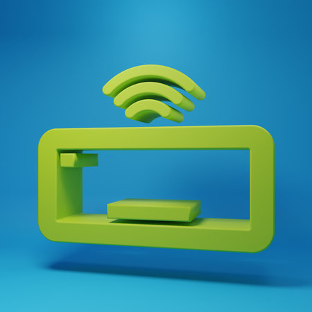 Green Computer keyboard icon isolated on blue background. PC component sign. Minimalism concept. 3D render illustration.の写真素材