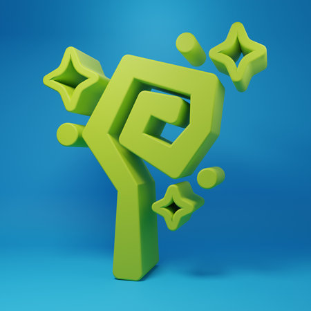 Green Magic staff icon isolated on blue background. Magic wand, scepter, stick, rod. Minimalism concept. 3D render illustration.の写真素材