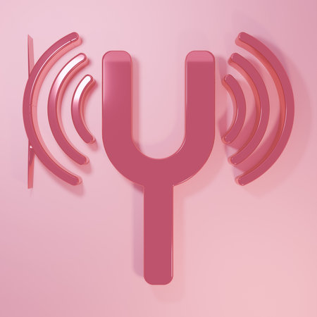 Pink Musical tuning fork for tuning musical instruments icon isolated on pink background. Minimalism concept. 3D render illustration.の写真素材