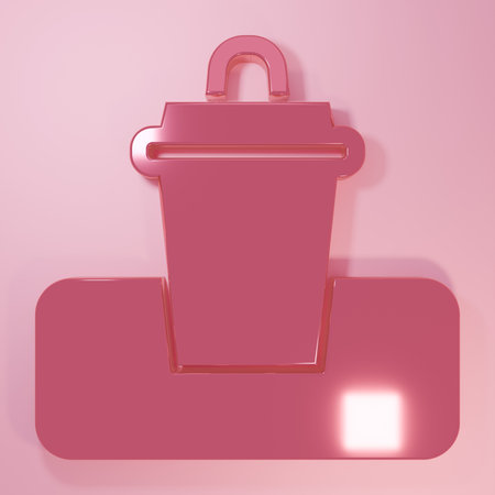 Pink Trash can icon isolated on pink background. Garbage bin sign. Recycle basket icon. Office trash icon. Minimalism concept. 3D render illustration.の写真素材