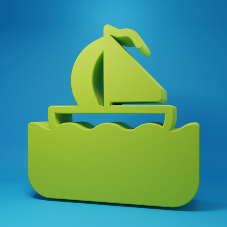 Green Yacht sailboat or sailing ship icon isolated on blue background. Sail boat marine cruise travel. Minimalism concept. 3D render illustration.の写真素材