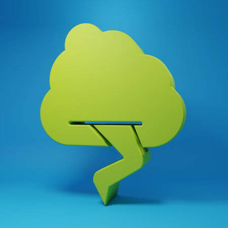 Green Storm icon isolated on blue background. Cloud and lightning sign. Weather icon of storm. Minimalism concept. 3D render illustration.の写真素材