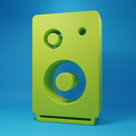 Green Stereo speaker icon isolated on blue background. Sound system speakers. Music icon. Musical column speaker bass equipment. Minimalism concept. 3D render illustration.の写真素材