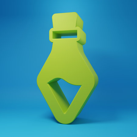 Green Bottle with potion icon isolated on blue background. Flask with magic potion. Happy Halloween party. Minimalism concept. 3D render illustration.の写真素材