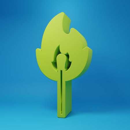 Green Burning match with fire icon isolated on blue background. Match with fire. Matches sign. Minimalism concept. 3D render illustration.の写真素材
