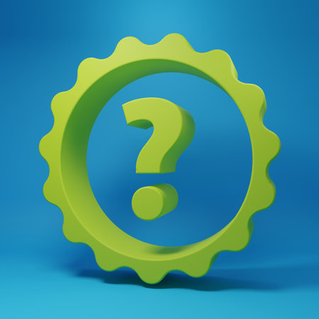 Green Question mark icon isolated on blue background. FAQ sign. Copy files, chat speech bubble and chart. Minimalism concept. 3D render illustration.の写真素材