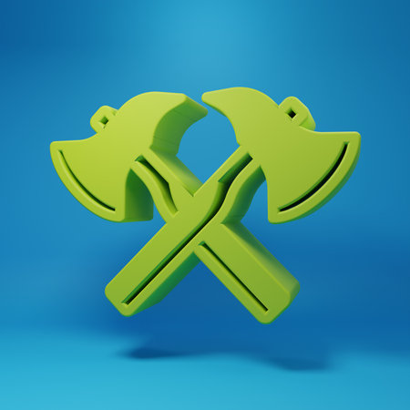 Green Firefighter ax icon isolated on blue background. Fire axe. Minimalism concept. 3D render illustration.の写真素材