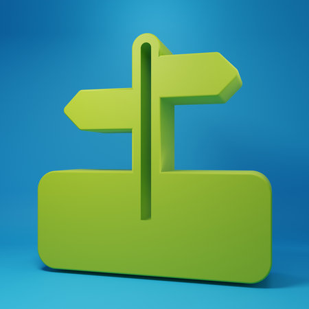 Green Road traffic sign. Signpost icon isolated on blue background. Pointer symbol. Isolated street information sign. Direction sign. Minimalism concept. 3D render illustration.の写真素材