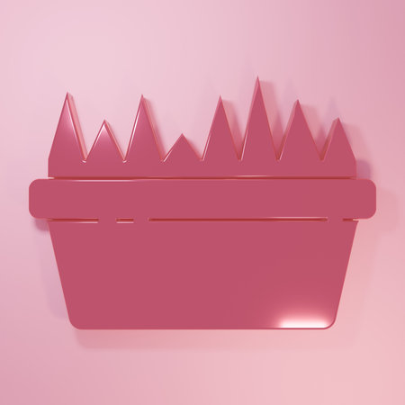 Pink Fresh grass in a rectangular icon isolated on pink background. Home decor. The symbol of growth and ecology. Minimalism concept. 3D render illustration.の写真素材