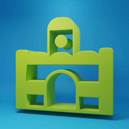 Green Egyptian house icon isolated on blue background. Minimalism concept. 3D render illustration.の写真素材