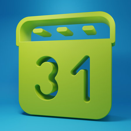 Green Calendar icon isolated on blue background. Event reminder symbol. Minimalism concept. 3D render illustration.の写真素材