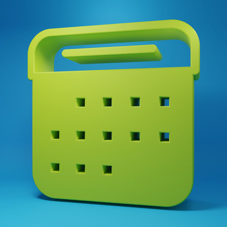 Green Calendar icon isolated on blue background. Event reminder symbol. Minimalism concept. 3D render illustration.の写真素材