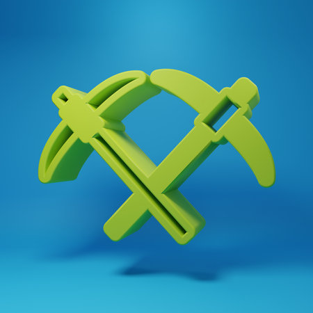 Green Pickaxe icon isolated on blue background. Minimalism concept. 3D render illustration.の写真素材