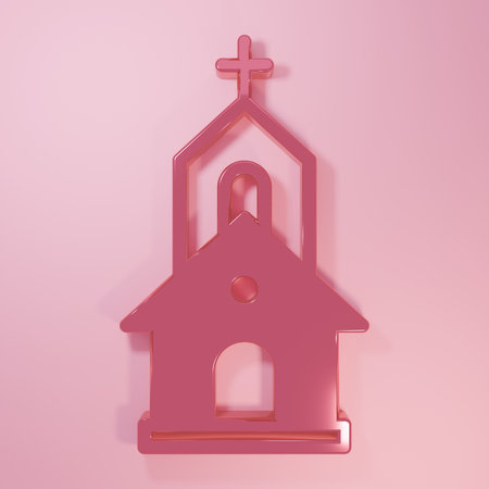 Pink Church building icon isolated on pink background. Christian Church. Religion of church. Minimalism concept. 3D render illustration.の写真素材