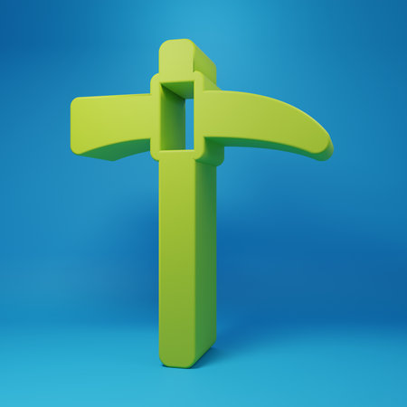 Green Pickaxe icon isolated on blue background. Minimalism concept. 3D render illustration.の写真素材