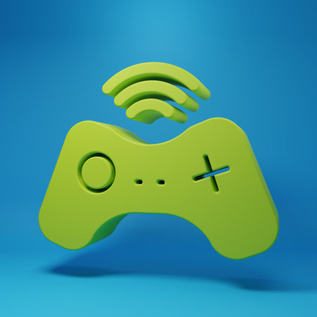 Green Wireless gamepad icon isolated on blue background. Game controller. Minimalism concept. 3D render illustration.の写真素材