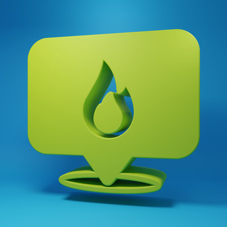 Green Map pointer with fire flame icon isolated on blue background. Fire nearby. Minimalism concept. 3D render illustration.の写真素材