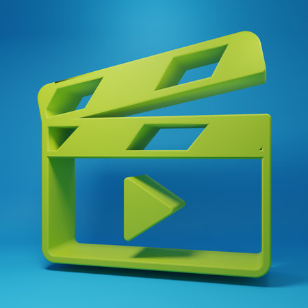 Green Movie clapper icon isolated on blue background. Film clapper board. Clapperboard sign. Cinema production or media industry. Minimalism concept. 3D render illustration.の写真素材
