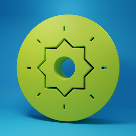 Green Shield viking icon isolated on blue background. Round wooden shield. Security, safety, protection, privacy, guard concept. Minimalism concept. 3D render illustration.の写真素材