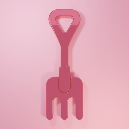 Pink Garden rake icon isolated on pink background. Tool for horticulture, agriculture, farming. Ground cultivator. Minimalism concept. 3D render illustration.の写真素材