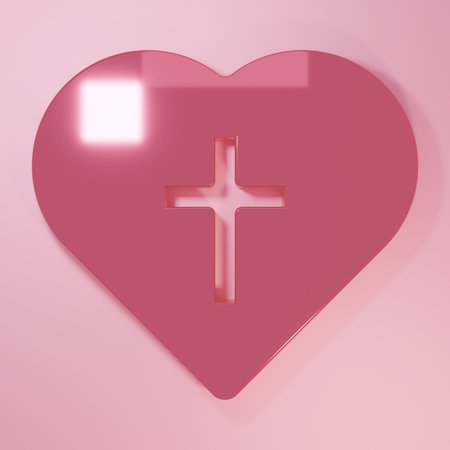 Pink Christian cross in heart icon isolated on pink background. Happy Easter. Minimalism concept. 3D render illustration.の写真素材