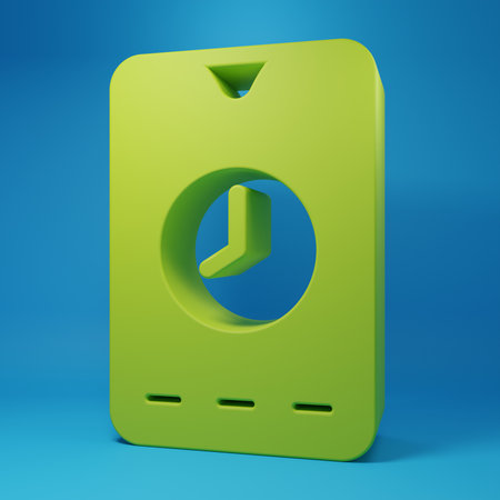 Green Alarm clock app smartphone interface icon isolated on blue background. Minimalism concept. 3D...