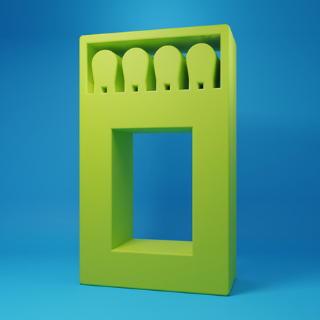 Green Open matchbox and matches icon isolated on blue background. Minimalism concept. 3D render illustration.の写真素材