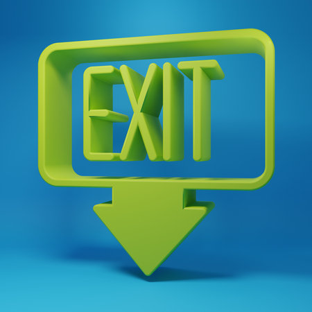 Green Fire exit icon isolated on blue background. Fire emergency icon. Minimalism concept. 3D render illustration.の写真素材
