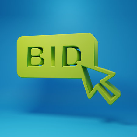 Green Bid icon isolated on blue background. Auction bidding. Sale and buyers. Minimalism concept. 3D render illustration.の写真素材