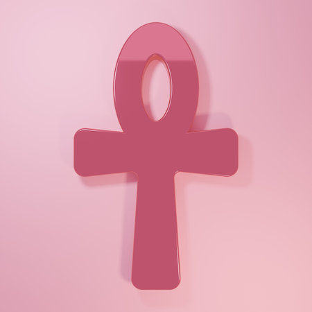 Pink Cross ankh icon isolated on pink background. Egyptian word for life or symbol of immortality. Minimalism concept. 3D render illustration.の写真素材