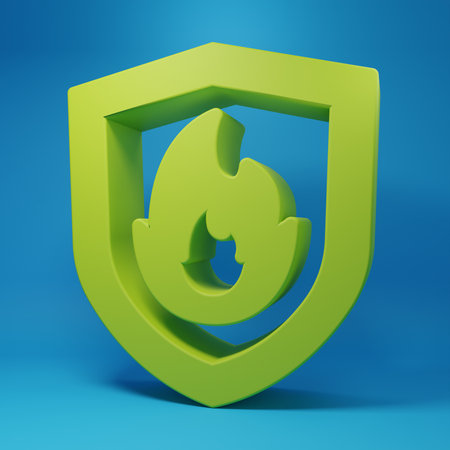 Green Fire protection shield icon isolated on blue background. Insurance concept. Security, safety, protection, protect concept. Minimalism concept. 3D render illustration.の写真素材